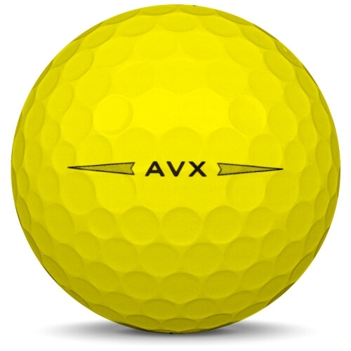 Golfboll av modellen Titleist AVX i 2021 års version med gul färg från sidan Golfboll av modellen Titleist AVX i 2021 års version med gul färg från sidan
