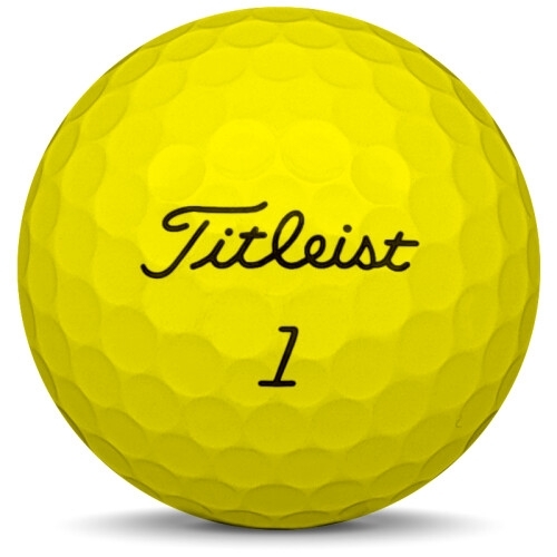 Golfboll av modellen Titleist AVX i 2021 års version med gul färg framifrån Golfboll av modellen Titleist AVX i 2021 års version med gul färg framifrån