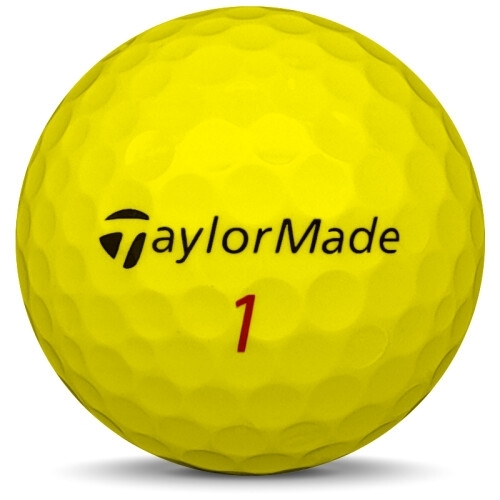 Golfboll av modellen TaylorMade Distance+ i 2018 års version med gul färg framifrån
